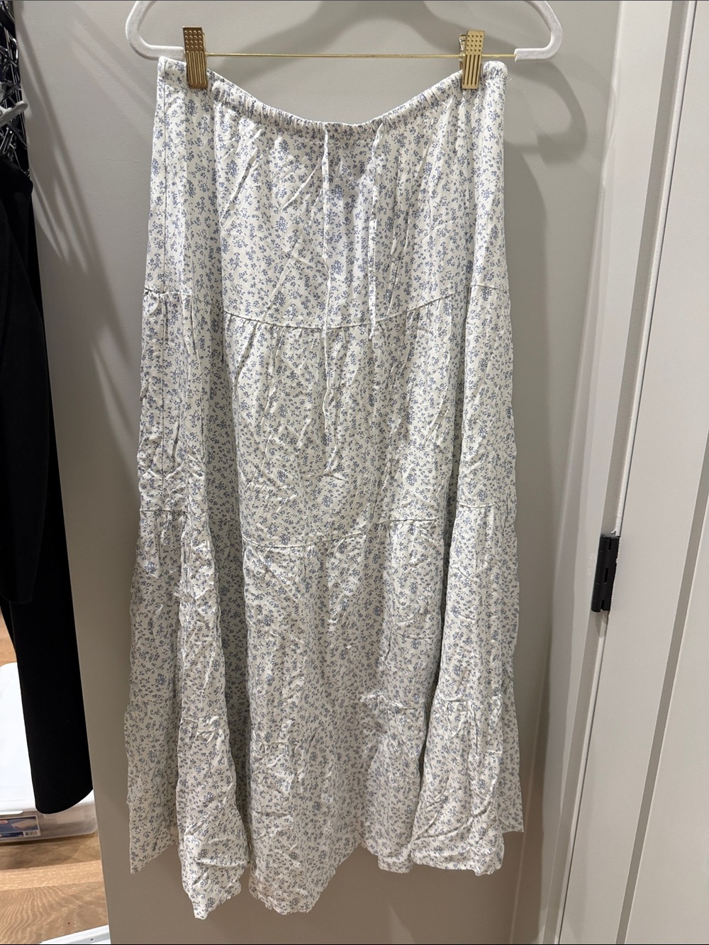 Brandy Melville White Maxi Skirt with Tiny Blue Floral Print